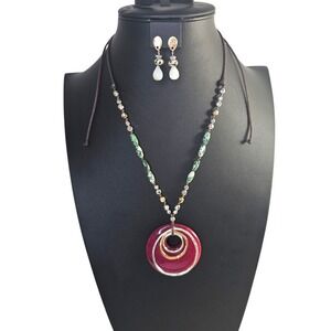 Boho Necklace Earring Set Red Circle Pendant Green‎ Stone Bead Adjustable Cord
